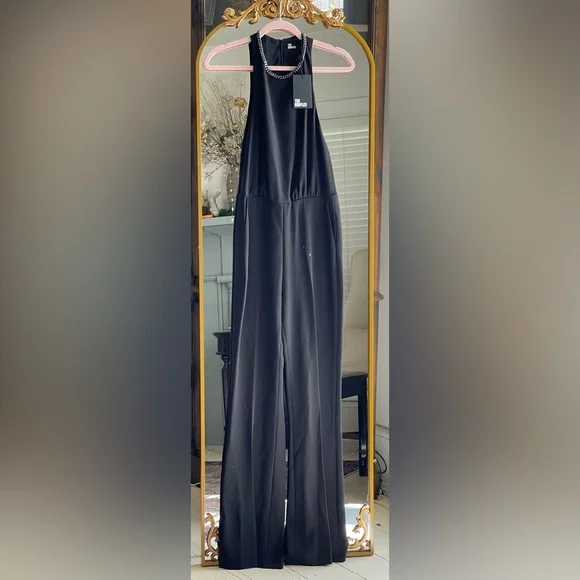 NWT The Kooples BLACK CREPE JUMPSUIT with Silver Chain Neck Detail - Picture 6 of 16